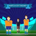 Two Soccer Players and Referee on the game field Royalty Free Stock Photo