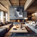 Two sofas against of stone tiled wall with fireplace. Interior design of modern living room in chalet. Created with generative AI