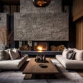 Two sofas against of stone tiled wall with fireplace. Interior design of modern living room in chalet.