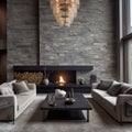 Two sofas against of stone tiled wall with fireplace. Interior design of modern living room in chalet.