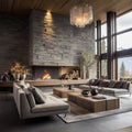 Two sofas against of stone tiled wall with fireplace. Interior design of modern living room in chalet.