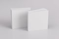 Two softcover or paperback square white mockup books standing on the white background. Blank front and back cover