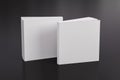 Two softcover or paperback square white mockup books standing on the black background. Blank front and back cover