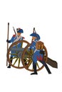 Two soldiers from historical wars in Europe or America shooting a cannon hand drawn illustration