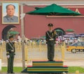 Two soldiers stand guard on the square of the heavenly peace in Bejing in China Royalty Free Stock Photo