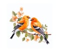 Two songbirds on a spring branch with leaves and flowers on a white background