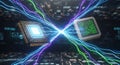 Two advanced computer processor chips exchanging high-speed data through vibrant energy connections in a digital realm. Royalty Free Stock Photo