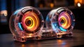 Two sound speakers in neon light. Futuristic design Royalty Free Stock Photo