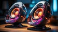 Two sound speakers in neon light. Futuristic design Royalty Free Stock Photo