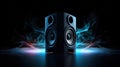 Two sound speakers with sound wave between them on black Royalty Free Stock Photo