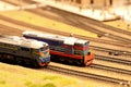 Two Soviet locomotives on the railway from a bird\'s eye view. Traffic pattern.