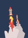 Two spaceships launching into space on dark blue background. Flat vector illustration, vertical. Royalty Free Stock Photo