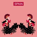 Two Spanish girls dressed in traditional dresses and with fans in their hands, dancing flamenco. Template for banner