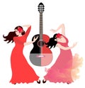 Two Spanish girls in long dresses dancing flamenco. Black - red guitar in the background Royalty Free Stock Photo