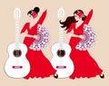 Two Spanish girls in long red dresses and with fans in their hands and white guitars on a beige background pattern Royalty Free Stock Photo