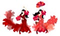 Two Spanish women dressed in traditional long dresses with ruffles dancing flamenco with fan and castanets isolated on white Royalty Free Stock Photo