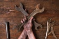 Two spanners wooden background service maintenance Royalty Free Stock Photo