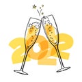 Two sparkling glasses of champagne. 2022 Merry Christmas and Happy New Year. Hand drawn retro style vector illustration