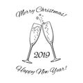 Two glasses of champagne. 2019 Merry Christmas and Happy New Year text. Hand drawn vector illustration. Royalty Free Stock Photo