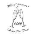 Two sparkling glasses of champagne. 2022 Merry Christmas and Happy New Year text. Vector illustration