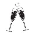 Two sparkling glasses of champagne or wine. Cheers icon. Retro style vector illustration on white background. Royalty Free Stock Photo