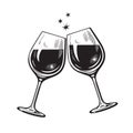 Two sparkling glasses of wine or champagne in vintage engraving style. Cheers icon. Retro vector illustration on white Royalty Free Stock Photo