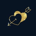 Two sparkling gold hearts pierced by an arrow. Glitter textured