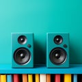 Teal Bookshelf Speakers On Colorful Background Stock Photo