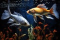 two species of fish peacefully cohabitating in a tank Royalty Free Stock Photo