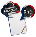 Parlez-vous Francais and Oui - Two Speech Bubbles and Blank Note Book Royalty Free Stock Photo