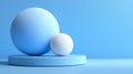 Two spherical objects are positioned on a circular platform against a monochromatic blue background Royalty Free Stock Photo