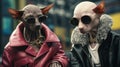 Two sphynx cats wearing sunglasses and leather jackets. AI Royalty Free Stock Photo