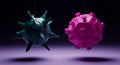 Two spiked spheres one green and one pink hanging from strings against a dark purple gradient background with mysterious floating Royalty Free Stock Photo