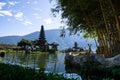 Two spires of the floating Pura Ulun Danu, a Hindu temple on Lake Bratan, Bedugul, Bali, Indonesia