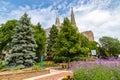 Two spires of St. John`s church Creighton University Omaha Nebraska