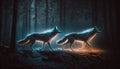 Two spirit wolves running through the dark misty forest. Mysterious animals. Generative AI Royalty Free Stock Photo