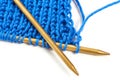 Two spokes with knit blue woolen cloth isolated macro Royalty Free Stock Photo