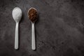 Two spoons full of instant coffee and sugar on the kitchen counter