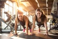 Two sporty girls doing push ups in gym. Royalty Free Stock Photo