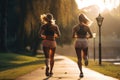 Two sporty young women jogging in the park at morning, beatiful women jogging in the park in in the morning, AI Generated