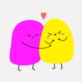 Two spot shape character hugging family couple. Pink heart. Hug, embrace, cuddle. Girl Boy. Cute funny cartoon smiling monsters.