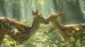 Two spotted deer nuzzling in forest Royalty Free Stock Photo