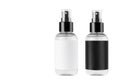 Two spray bottles for cosmetics product with black, white blank labels isolated on white background, mock up for branding.