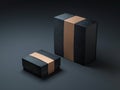 Two square black textured boxes with golden label for branding in dark studio Royalty Free Stock Photo