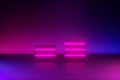 Two square podiums with blue pink neon light