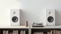 Two square white canvas Mockups hanging on the wall, hi fi micro system on bureau,3d rendering