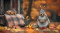 Two squirrels in autumn foliage near a rustic wooden structure Royalty Free Stock Photo