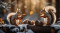 Two Adorable Red Squirrels Sharing Pine Cones in Snowy Winter Forest Royalty Free Stock Photo