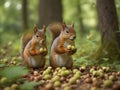 Squirrels in the green forest are collecting hazelnuts. Generated with AI Royalty Free Stock Photo