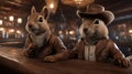 Two squirrels, leather jackets, sitting at the bar, in an old West-style saloon, one with a cowboy hat on ai created